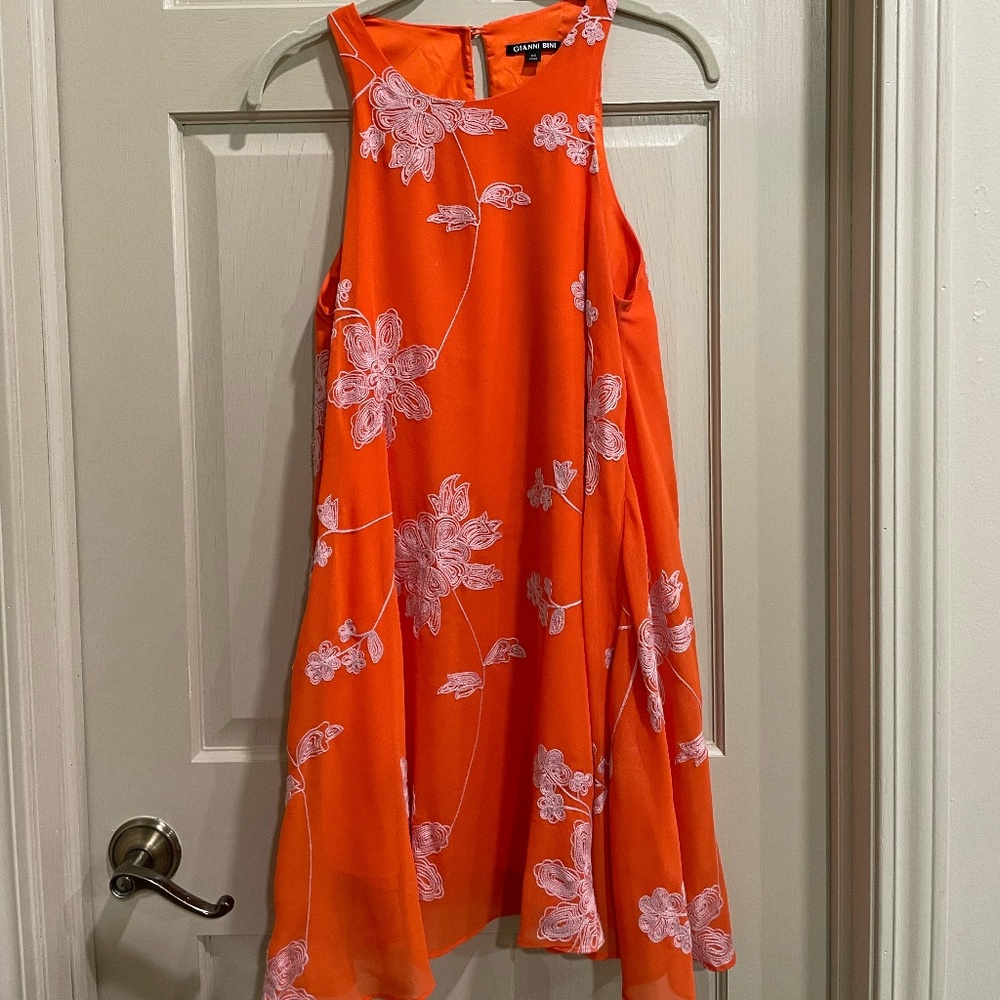 Gianni Bini Vibrant Orange A-Line Halter Dress with Floral Embroidery